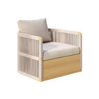 Modern outdoor swivel sofa set with aluminum frame and rope accents, includes coffee table in khaki