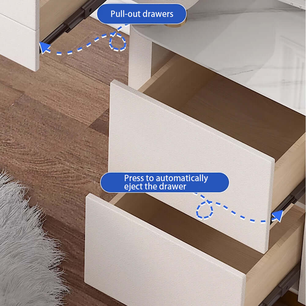 Beige dressing table set with drawers, stool, and mirror for makeup and vanity