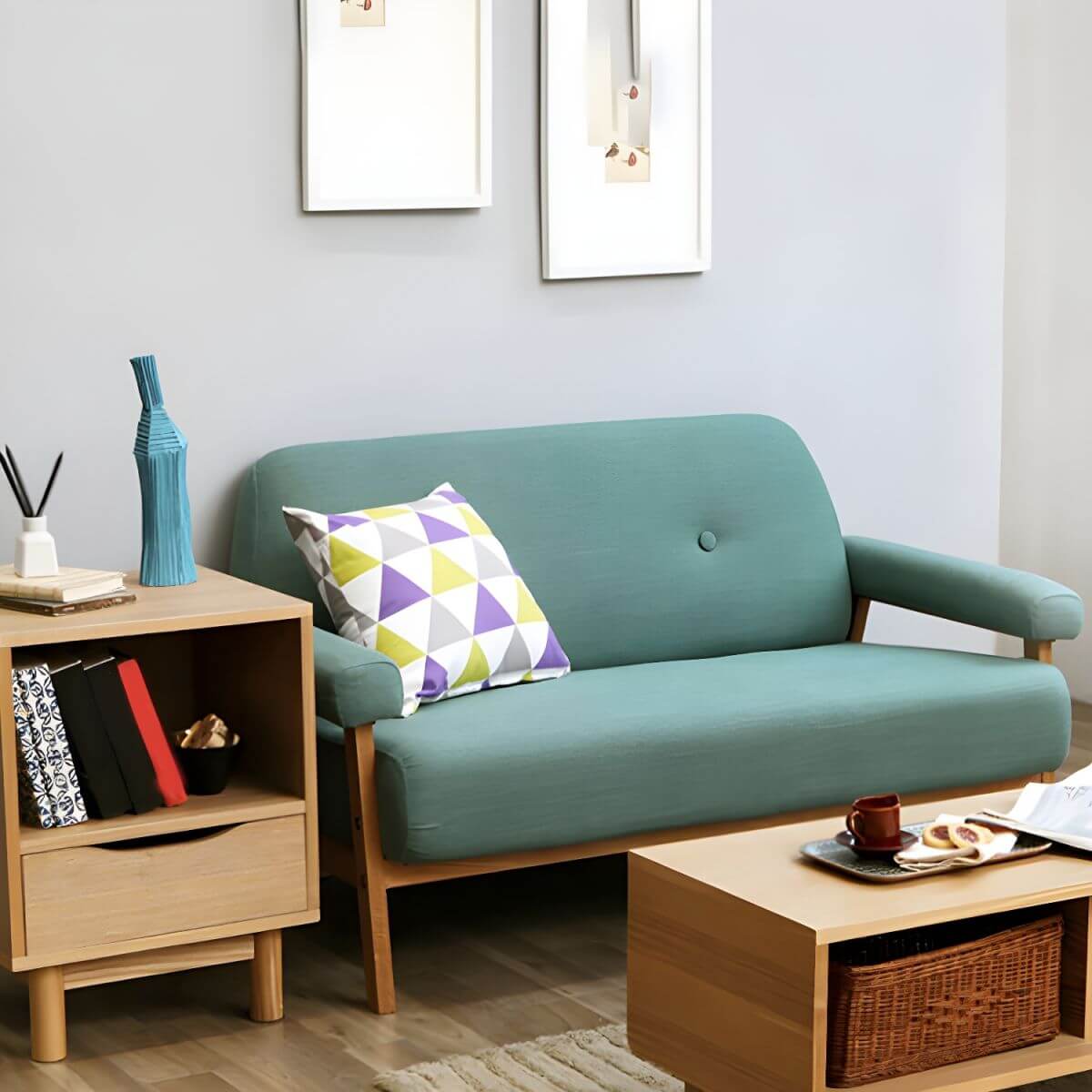 Black Scandinavian style small sofa with wood frame and faux leather upholstery