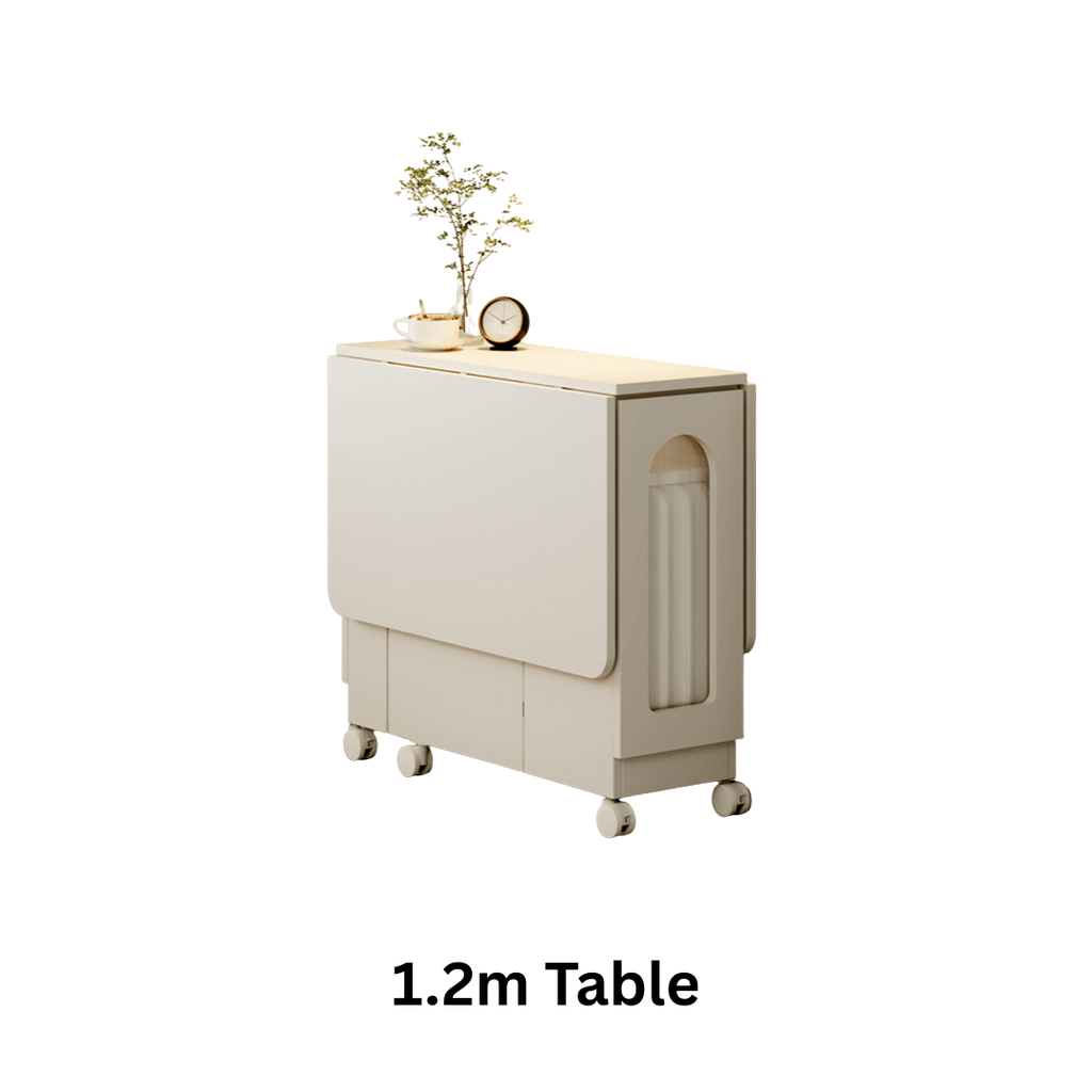 Cream foldable dining table with wheels, minimalist design, easy to assemble