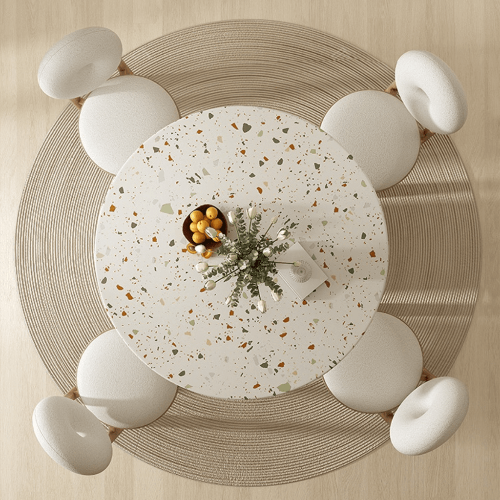 Round terrazzo dining table with soft wool upholstered chairs for a trendy home setup
