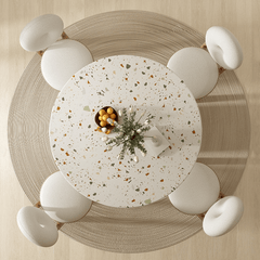 Chic Round Terrazzo Table and Soft Wool Upholstered Chairs - Trendy Home Dining Experience