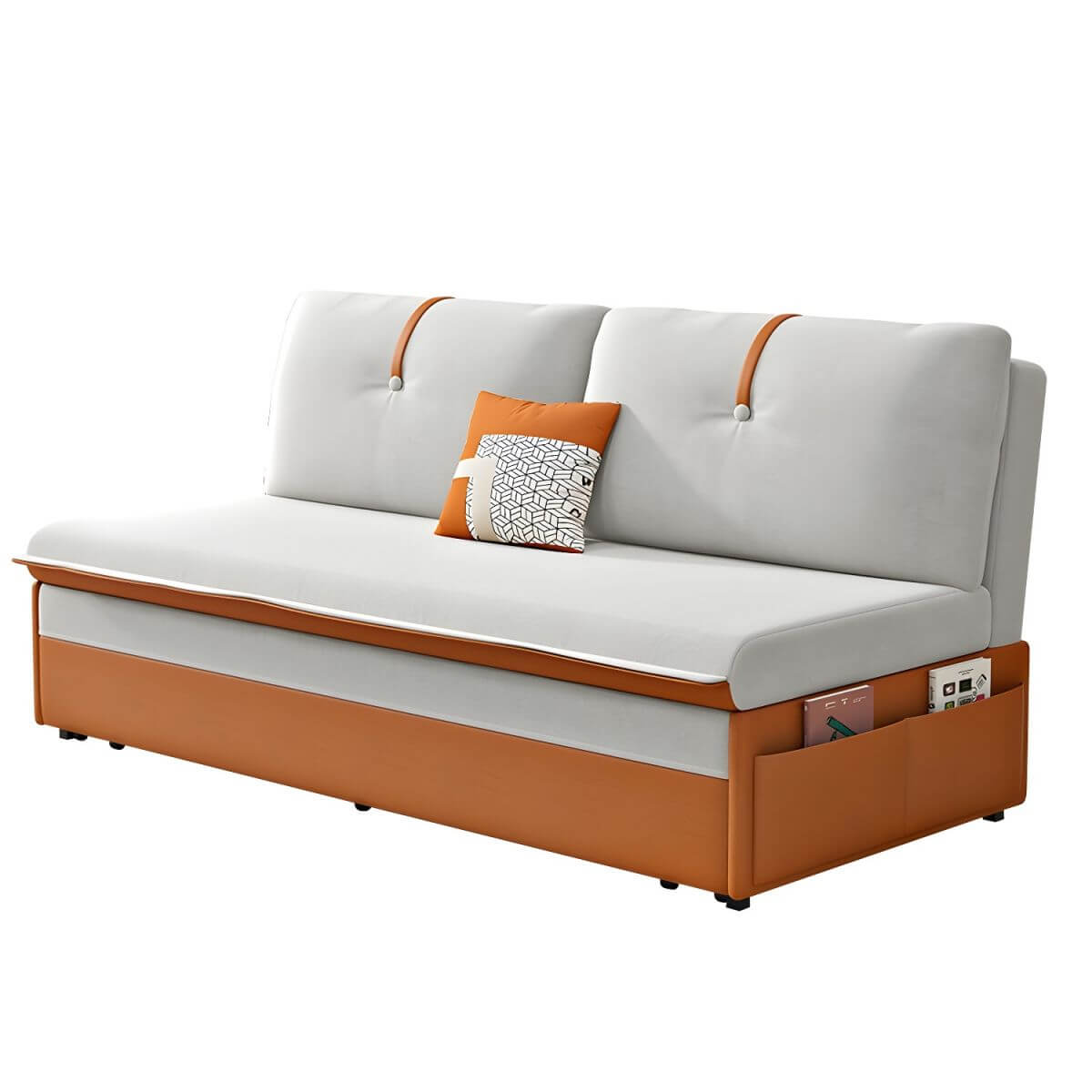 Orange polyester blend sleeper sofa with steel frame and casters, modern futon for versatile seating