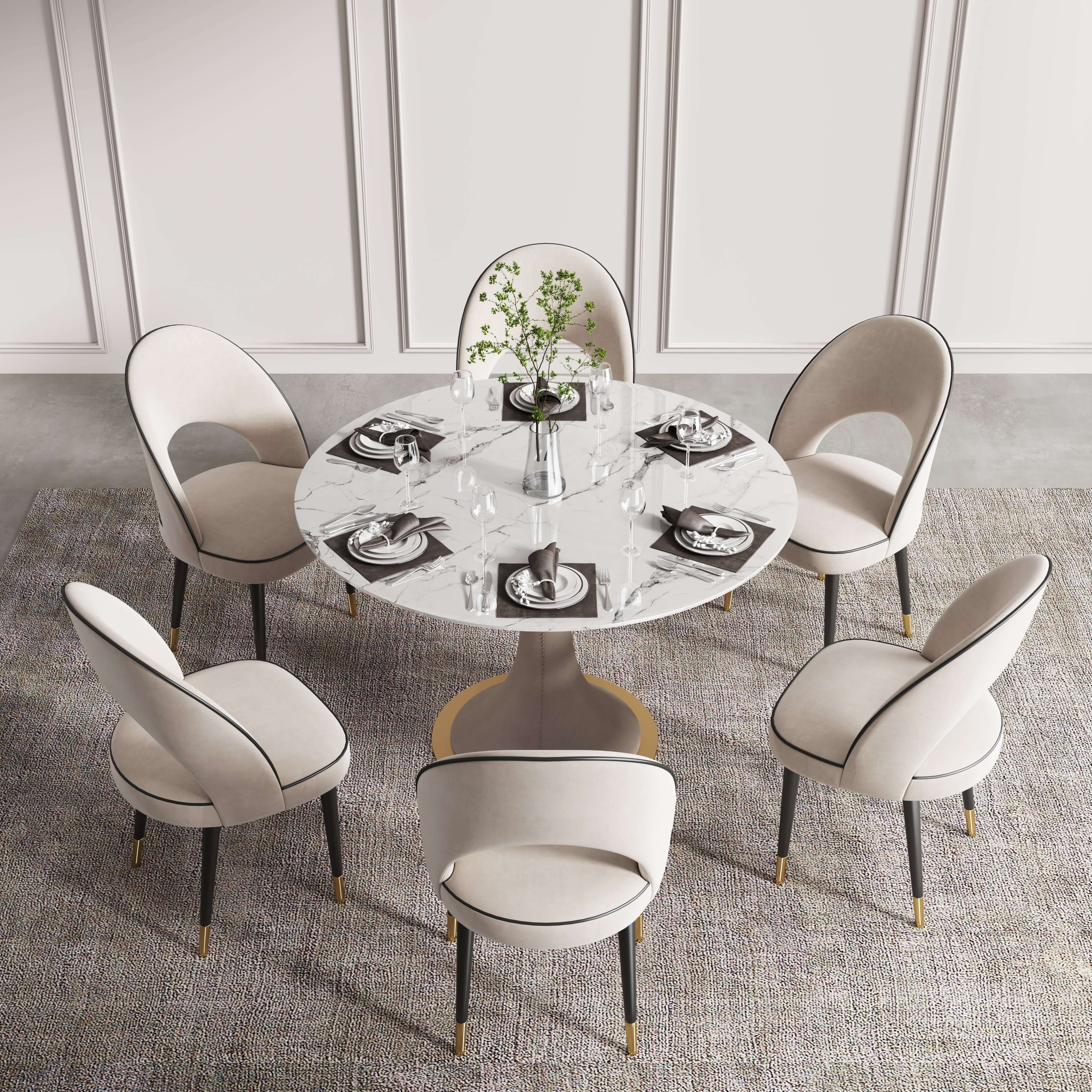 Set of 2 modern beige velvet upholstered dining chairs with open back design