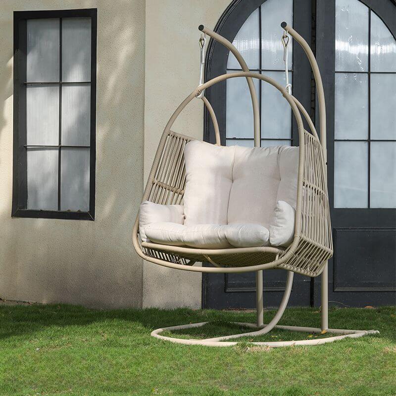 Metal stand porch swing with tropical unfinished color, pads, and chain for two swings