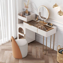 White Makeup Vanity Glass Tabletop Dressing Table with Open Storage Compartment & Drawers & Cabinet