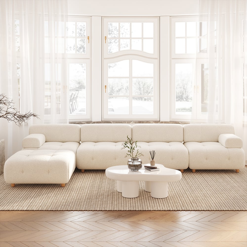 White modern L-shaped modular boucle sectional sofa loveseat with wood legs