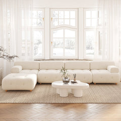 Modernes L-förmiges, modulares, weißes Ecksofa aus Bouclé-Sofa mit Holzbeinen