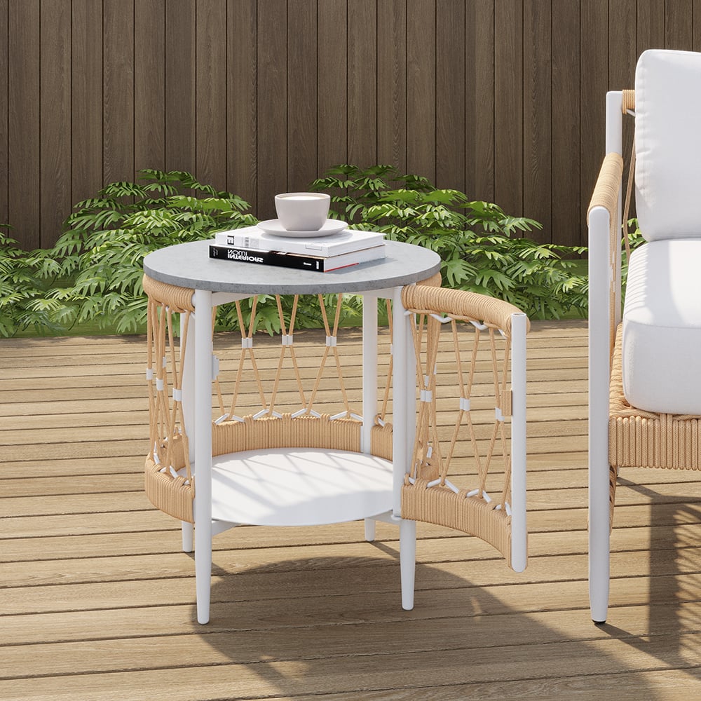 Outdoor 3-piece swivel sofa set with aluminum frame, weave rope, and side table in khaki