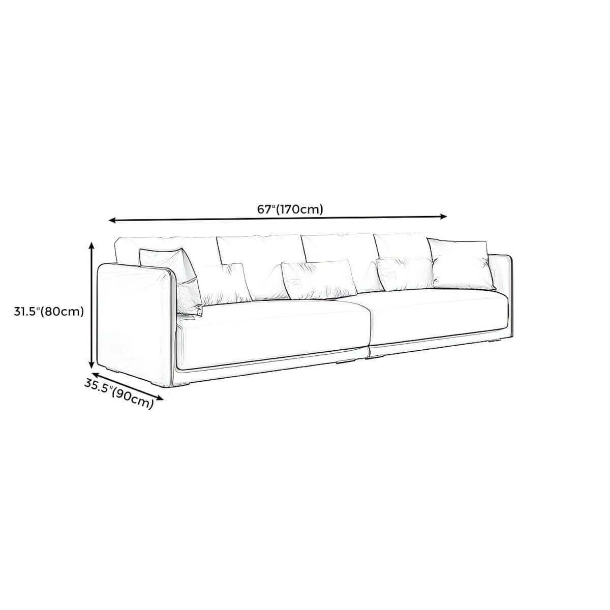 Modern 35-inch polyester sofa with square arms and bolster pillows for living room seating