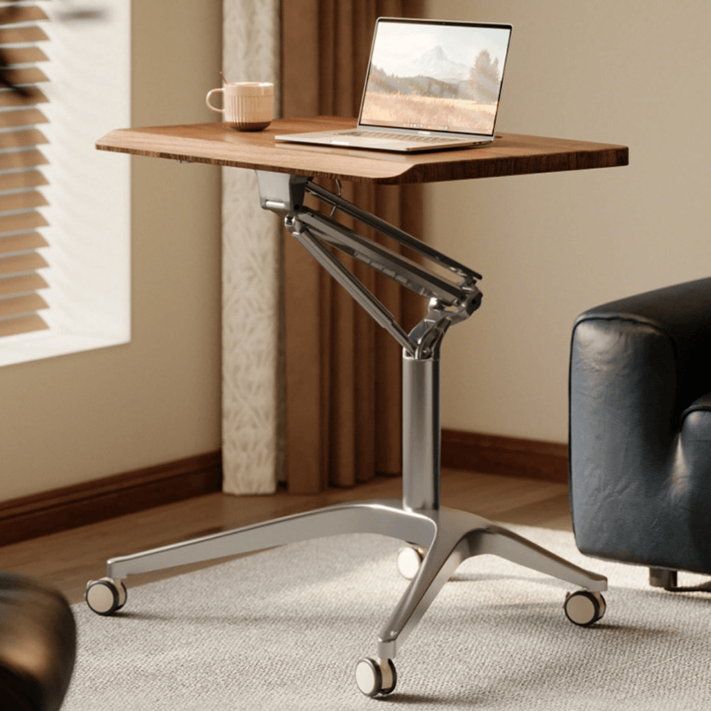 Mobile ergonomic standing desk with premium aluminium alloy frame and warm wood finish