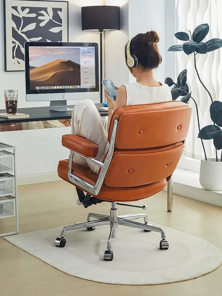 Calm Mid-Century Executive Office Chair in Oil-Wax Faux Leather