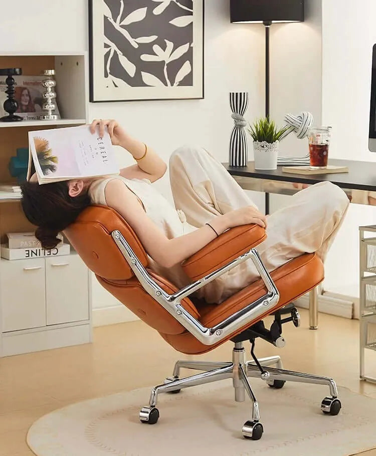 Calm Mid-Century Executive Office Chair in Oil-Wax Faux Leather
