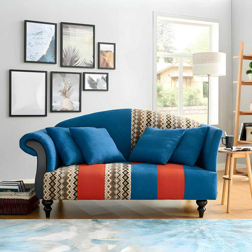 Camel Back Curved Sofa in Cotton Blend with Argyle Accent Panel