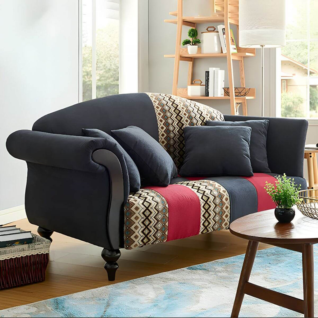 Camel Back Curved Sofa in Cotton Blend with Argyle Accent Panel