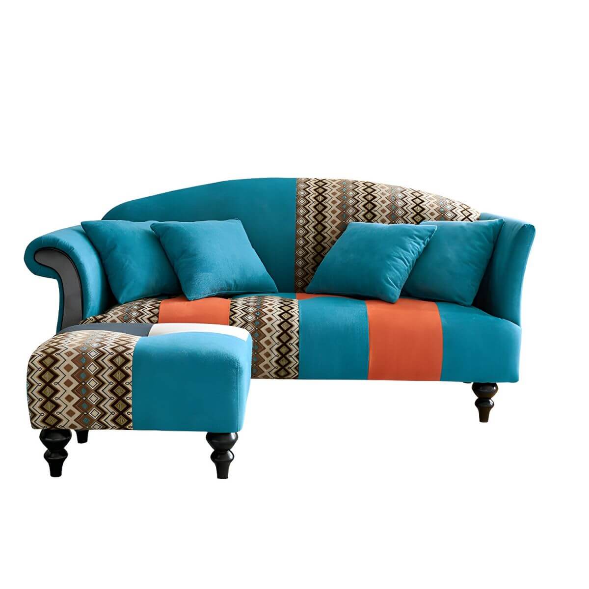 Camel Back Curved Sofa in Cotton Blend with Argyle Accent Panel