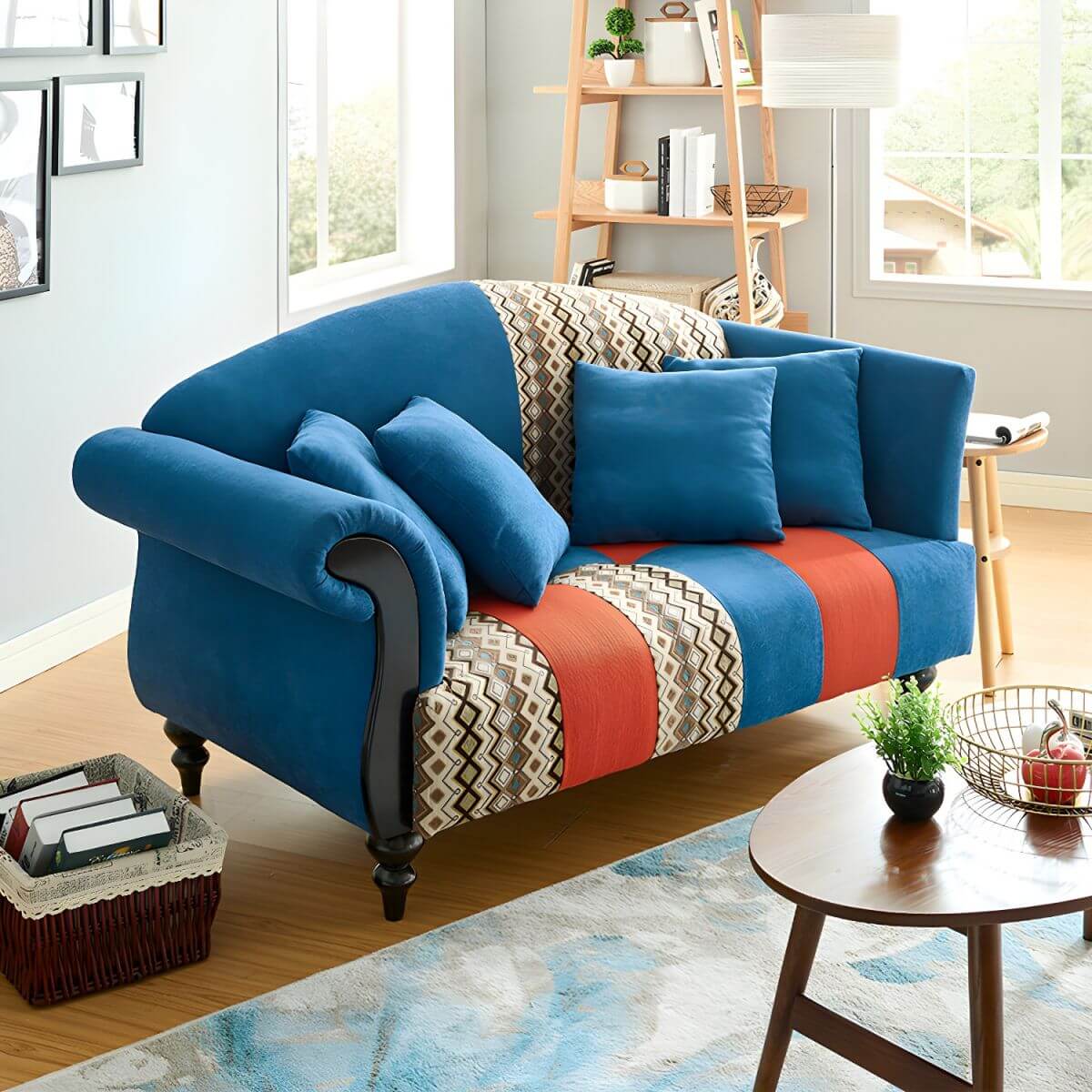 Camel Back Curved Sofa in Cotton Blend with Argyle Accent Panel