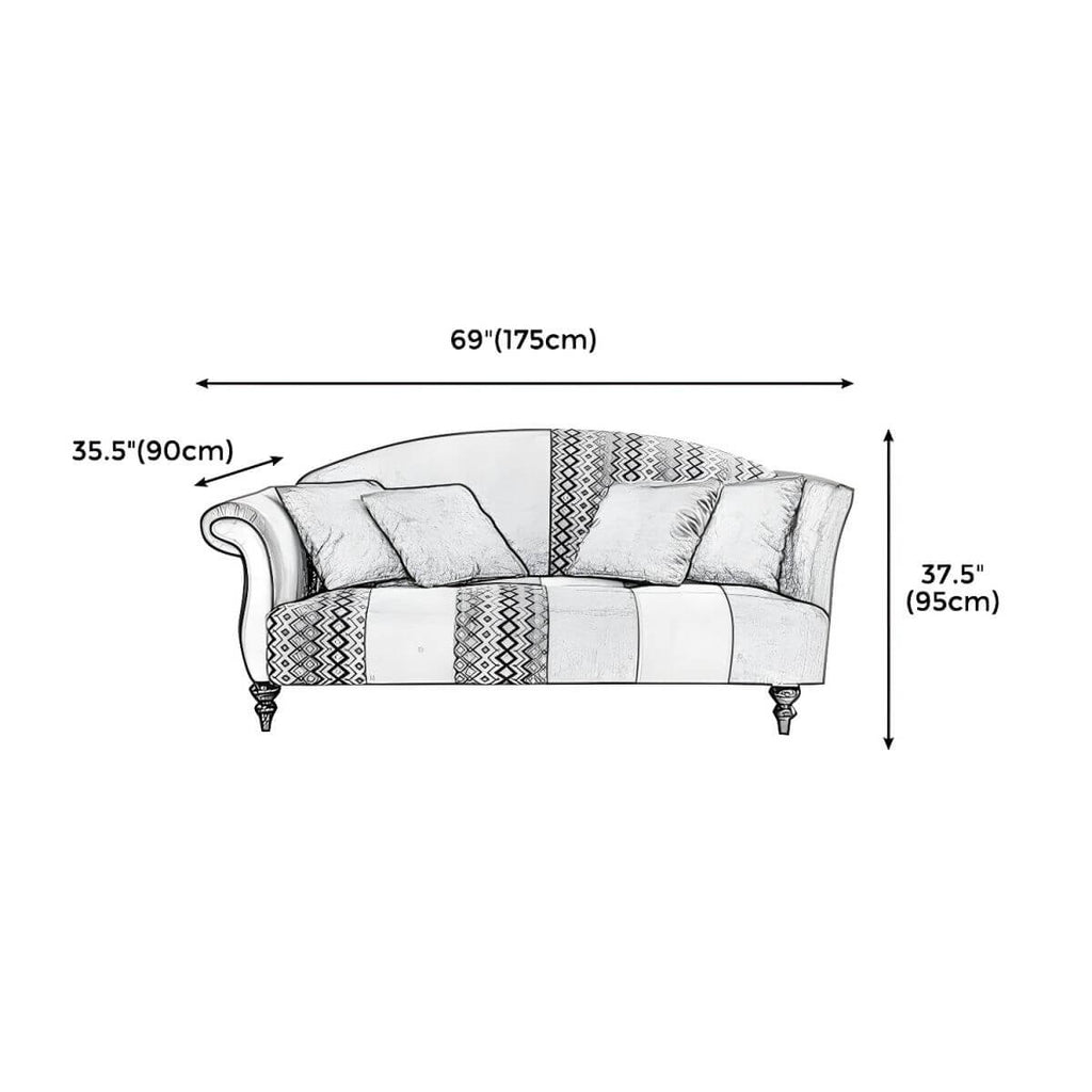 Camel Back Curved Sofa in Cotton Blend with Argyle Accent Panel Dimensions