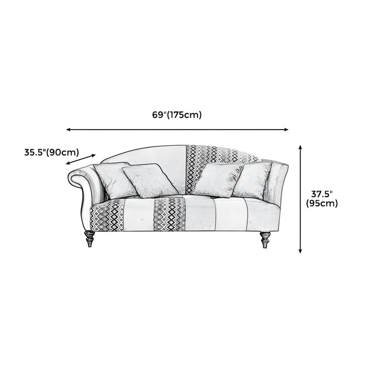 Camel Back Curved Sofa in Cotton Blend with Argyle Accent Panel Dimensions