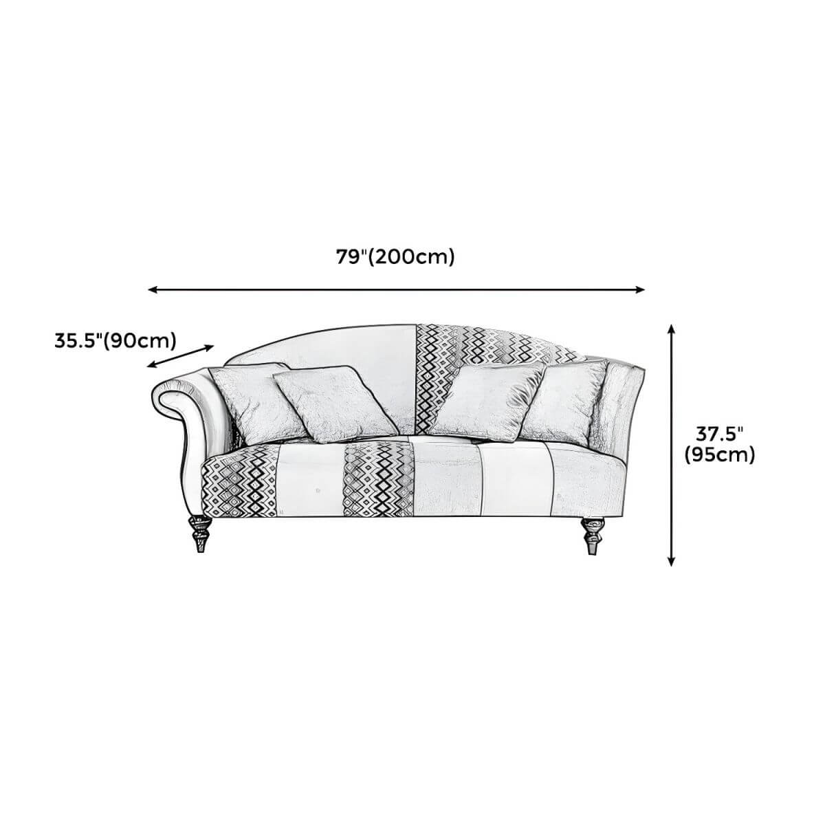 Camel Back Curved Sofa in Cotton Blend with Argyle Accent Panel Dimensions