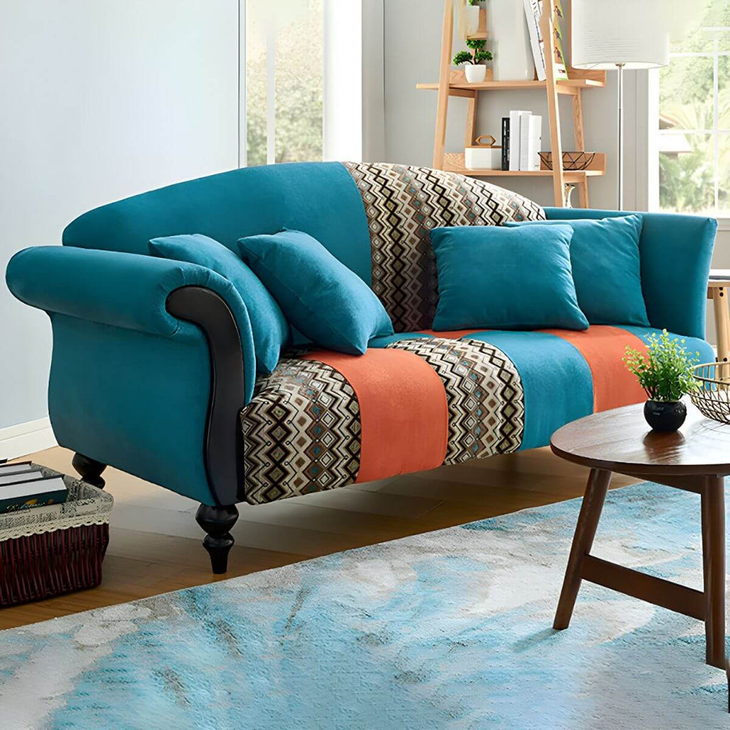 Camel Back Curved Sofa in Cotton Blend with Argyle Accent Panel Main Product Image