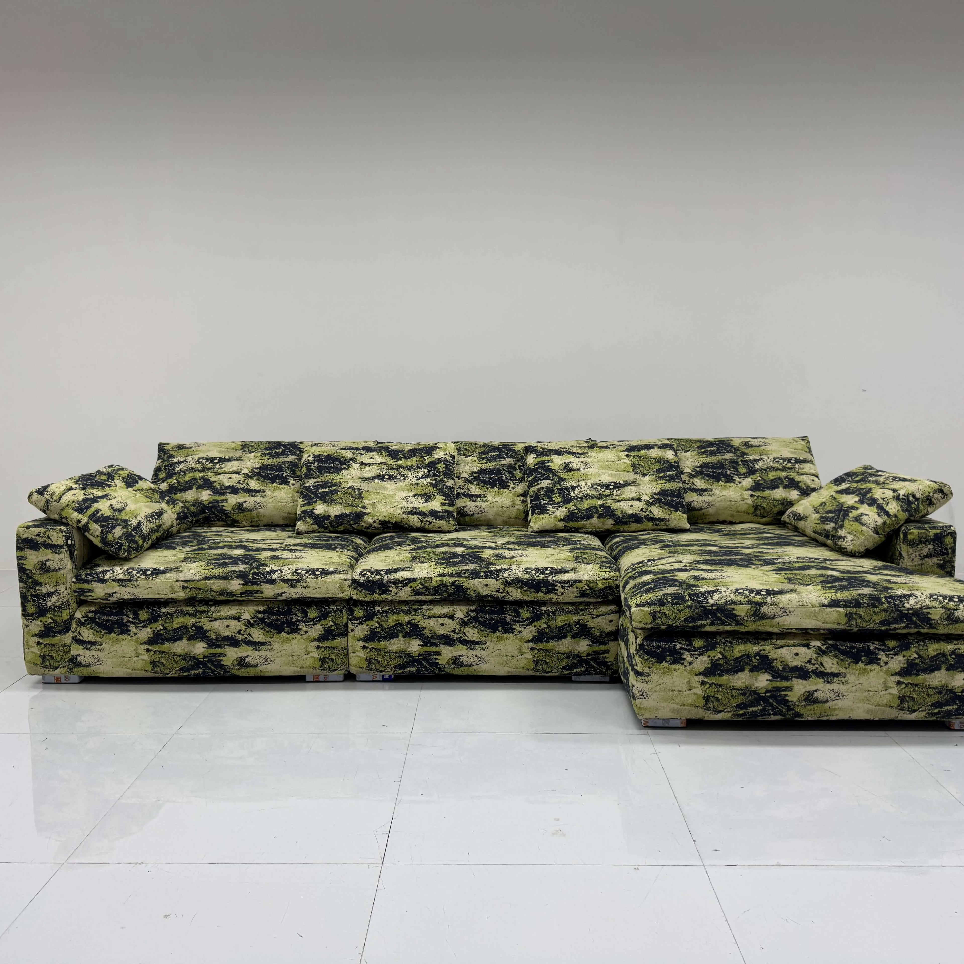 Camo Linen Cotton Sectional Sofa With Chaise, Low-Profile Artistic Lounge