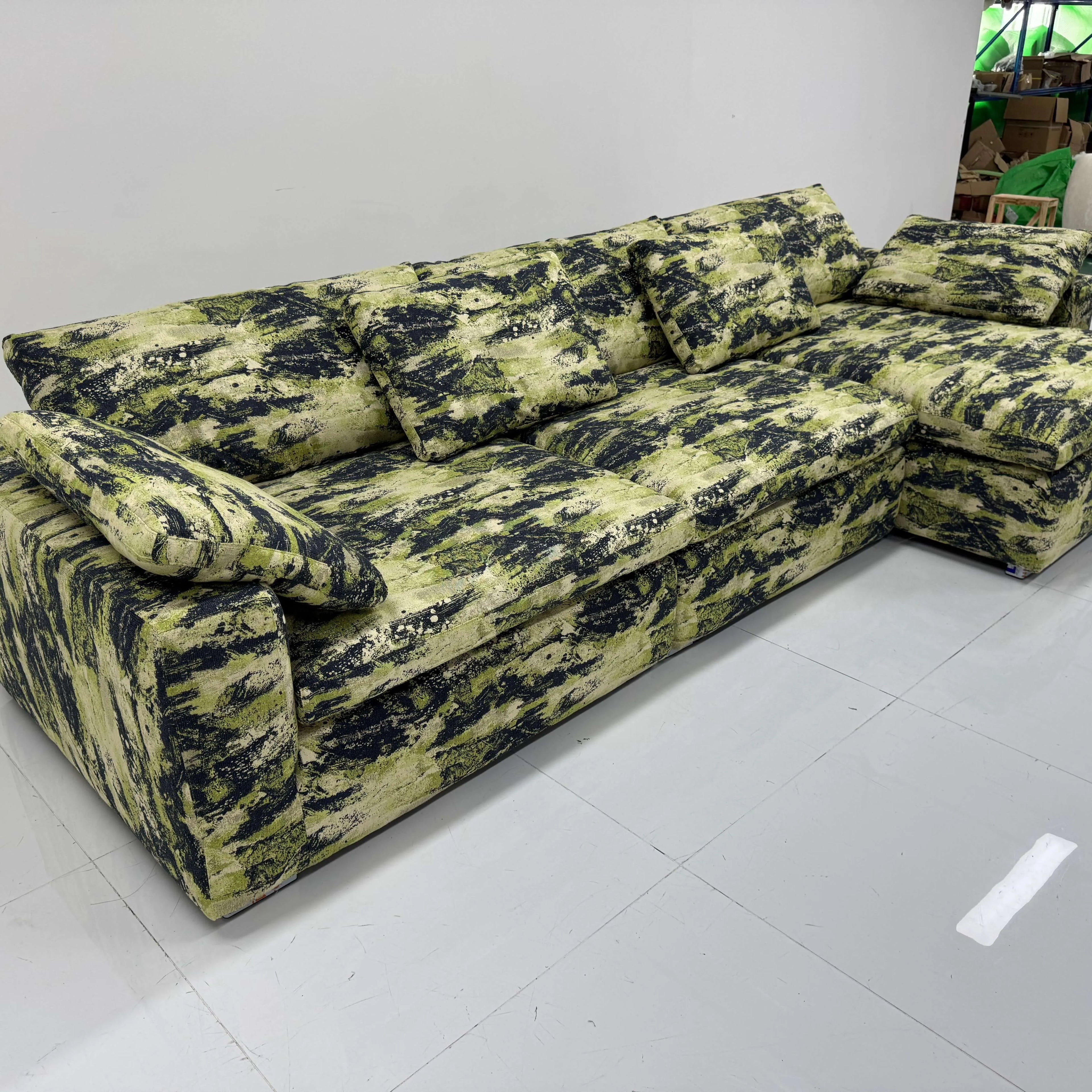 Camo Linen Cotton Sectional Sofa With Chaise, Low-Profile Artistic Lounge