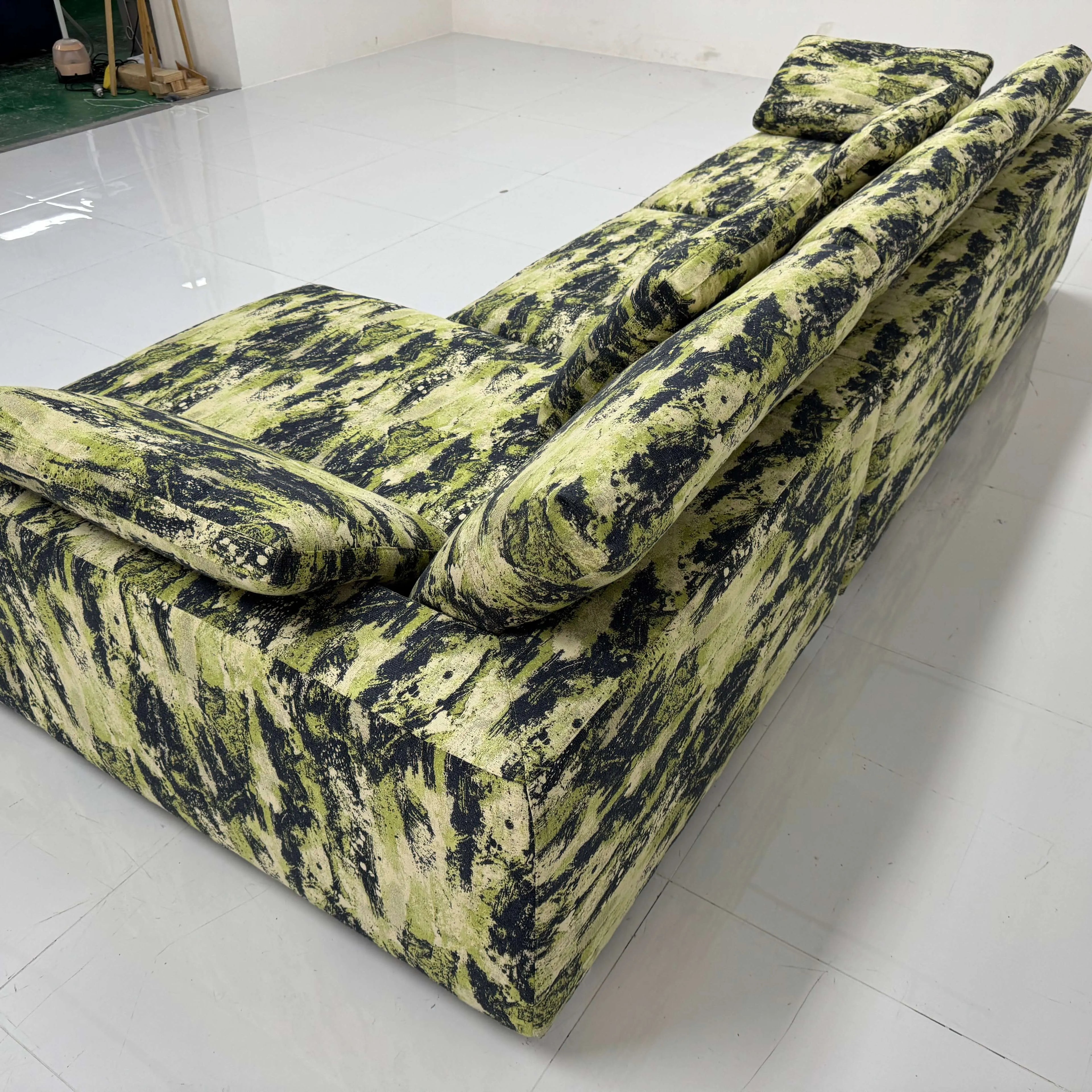 Camo Linen Cotton Sectional Sofa With Chaise, Low-Profile Artistic Lounge