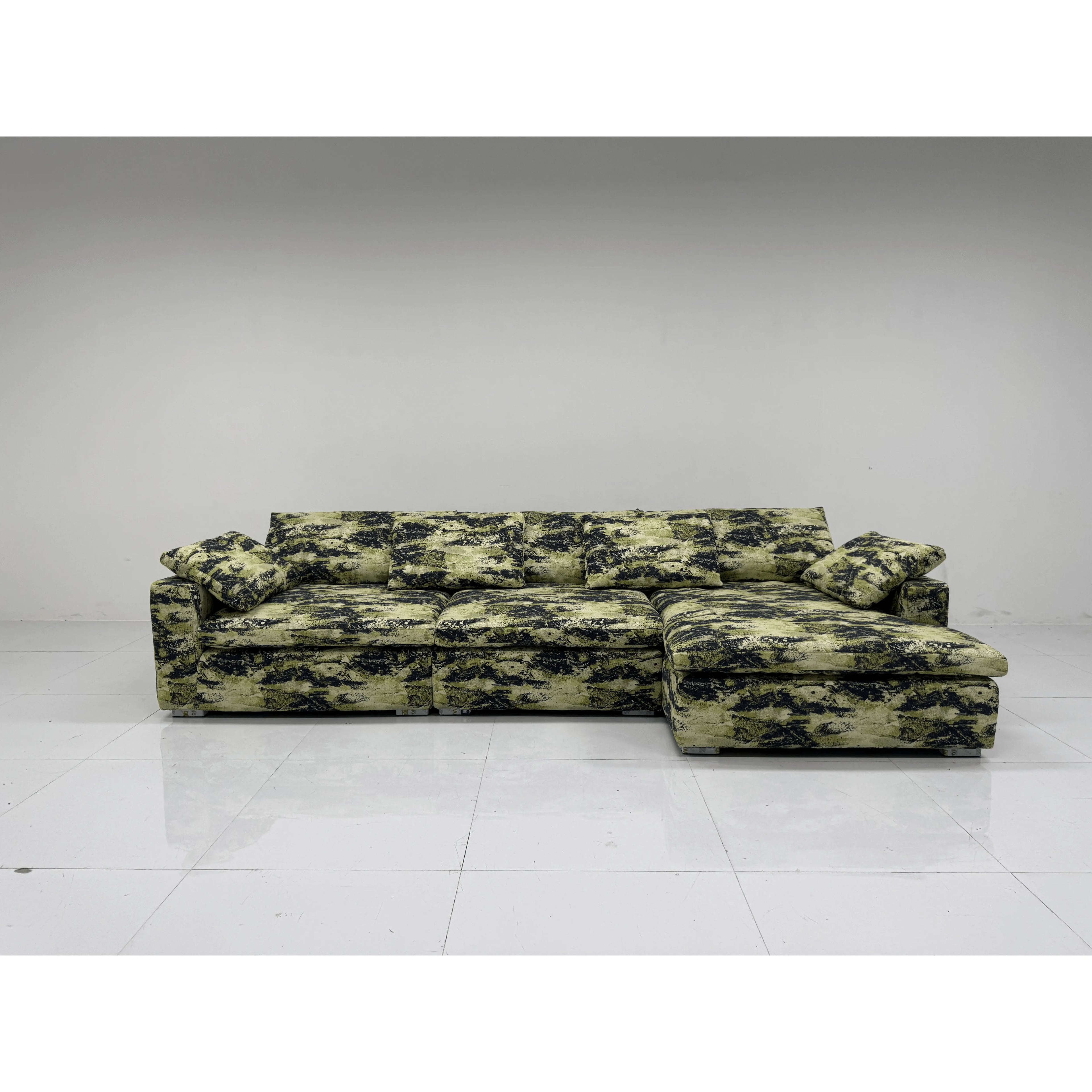 Camo Linen Cotton Sectional Sofa With Chaise, Low-Profile Artistic Lounge