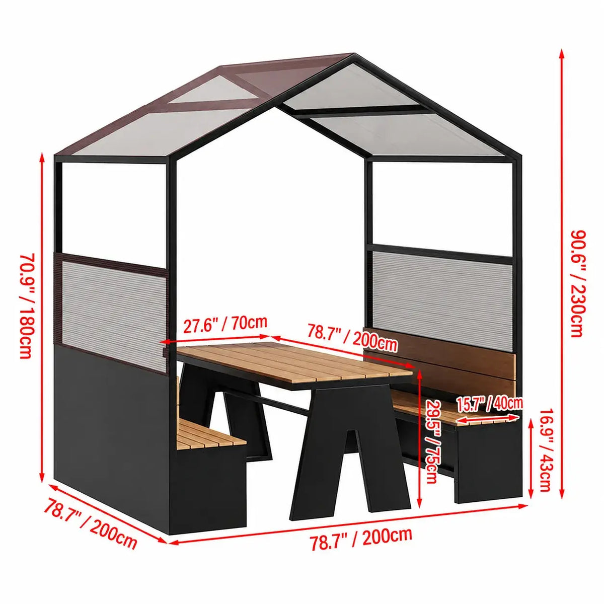 Canopy Pavilion Outdoor Dining Bench Set with Aluminum Frame and Privacy Panels