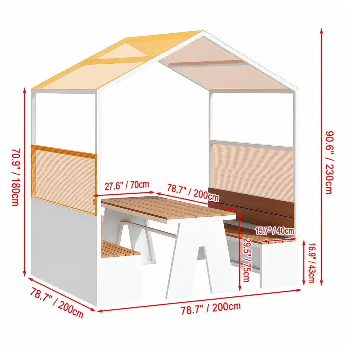 Canopy Pavilion Outdoor Dining Bench Set with Aluminum Frame and Privacy Panels Dimensions