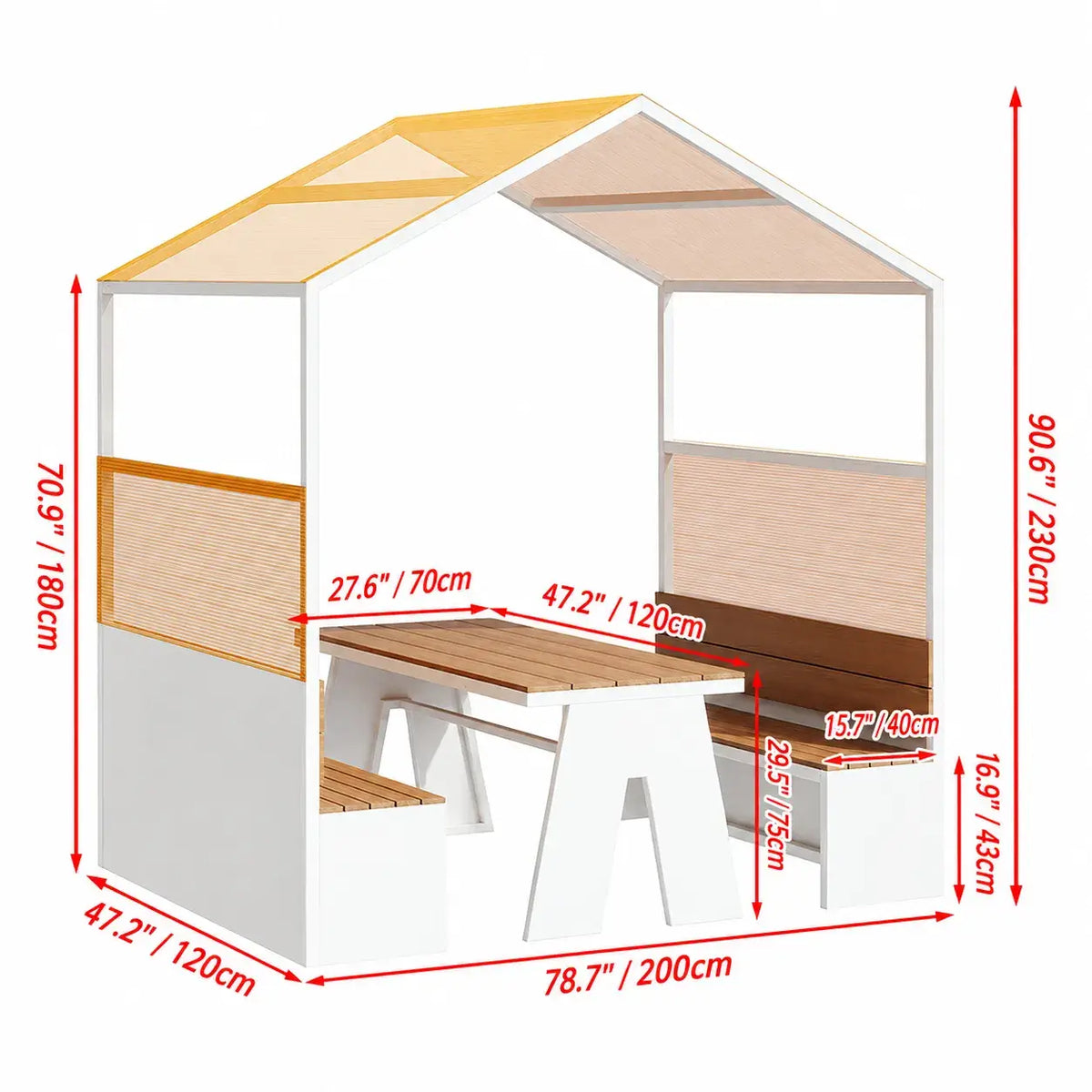 Canopy Pavilion Outdoor Dining Bench Set with Aluminum Frame and Privacy Panels Dimensions