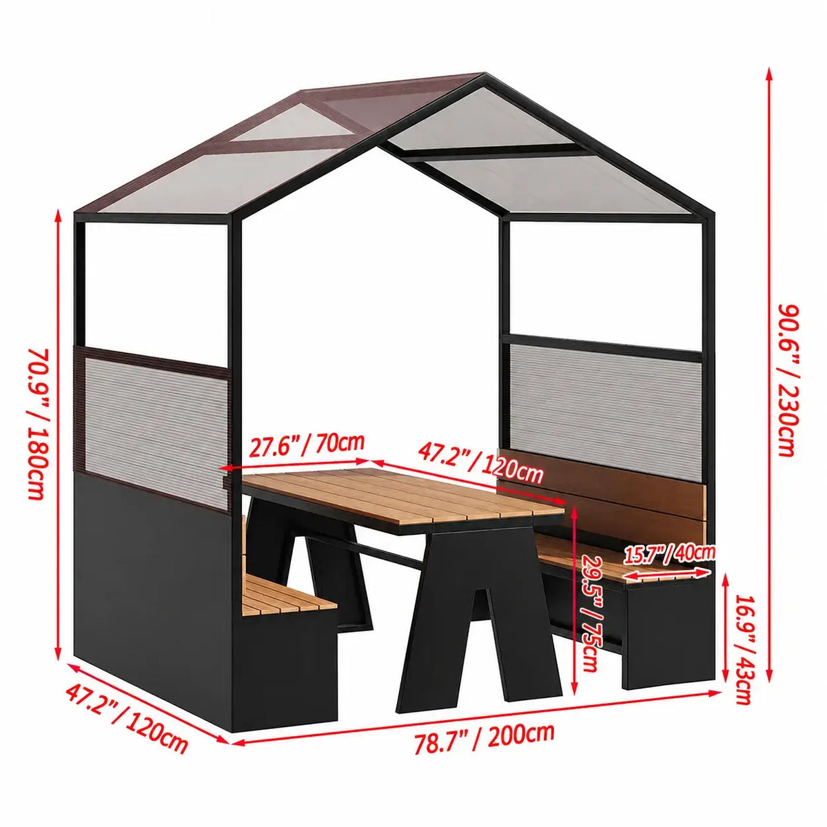 Canopy Pavilion Outdoor Dining Bench Set with Aluminum Frame and Privacy Panels
