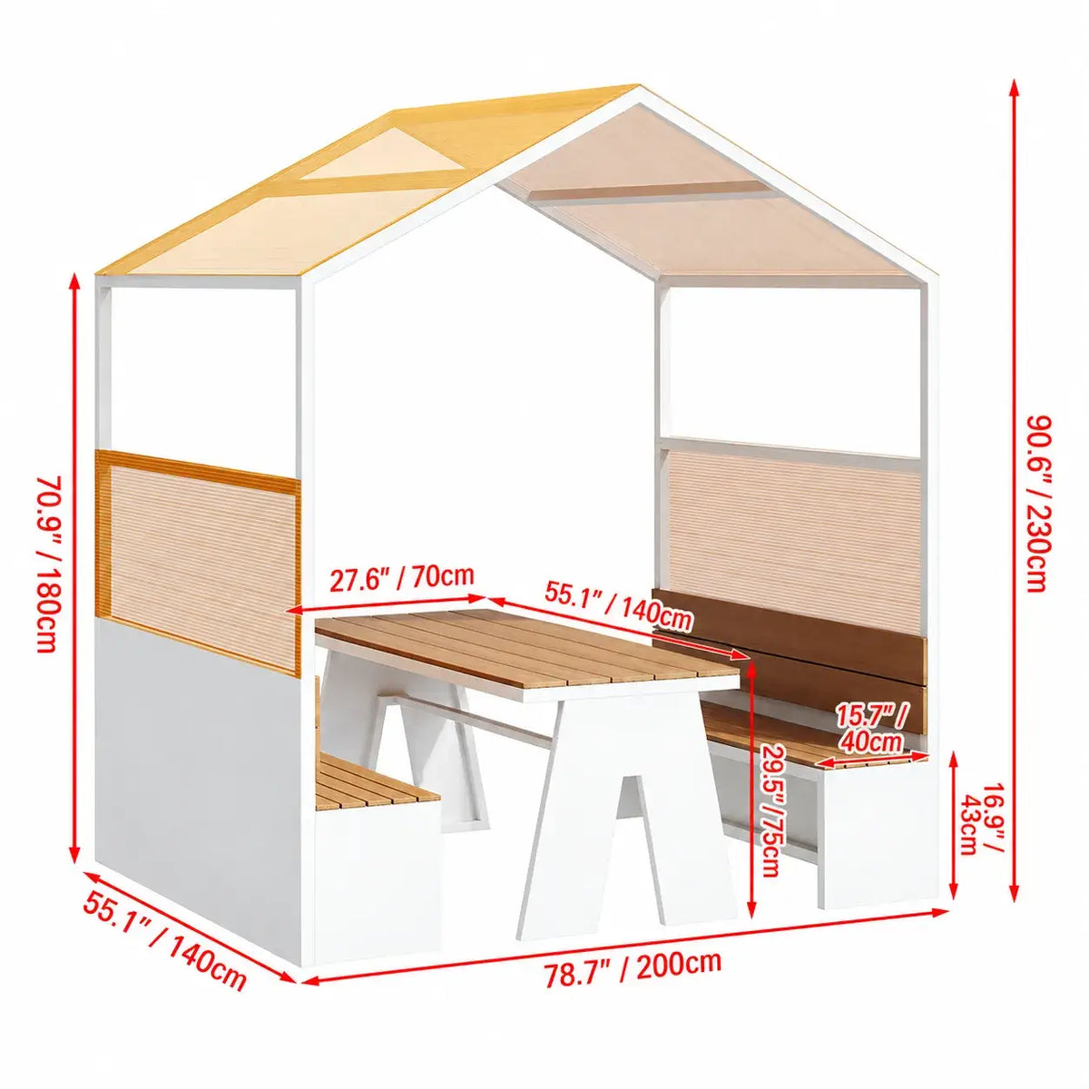Canopy Pavilion Outdoor Dining Bench Set with Aluminum Frame and Privacy Panels Dimensions