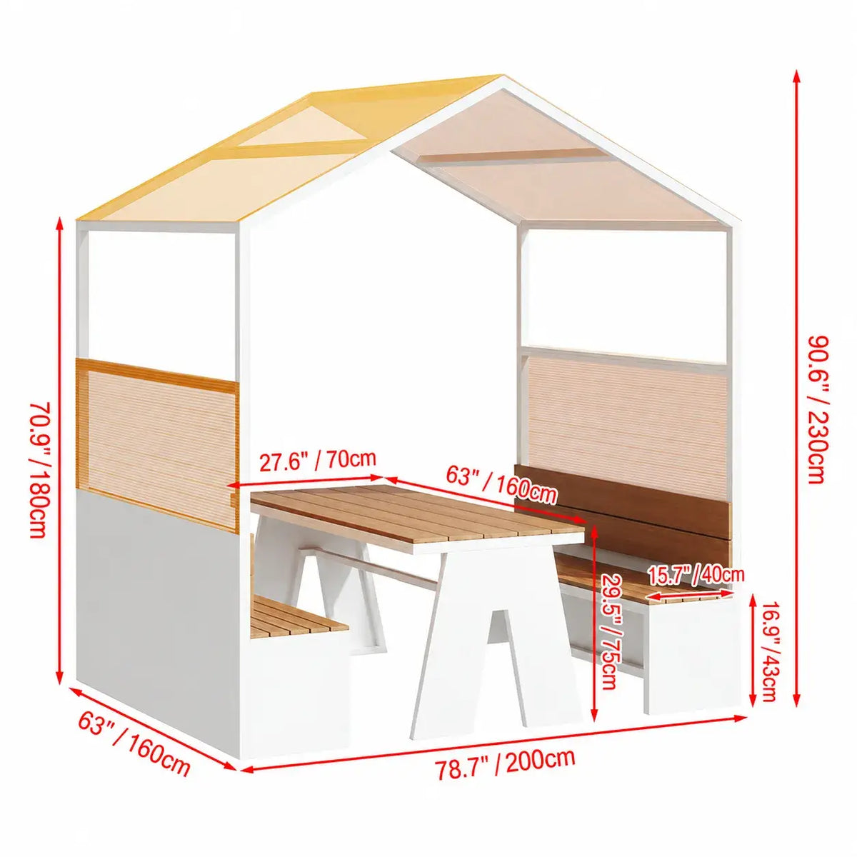 Canopy Pavilion Outdoor Dining Bench Set with Aluminum Frame and Privacy Panels Dimensions