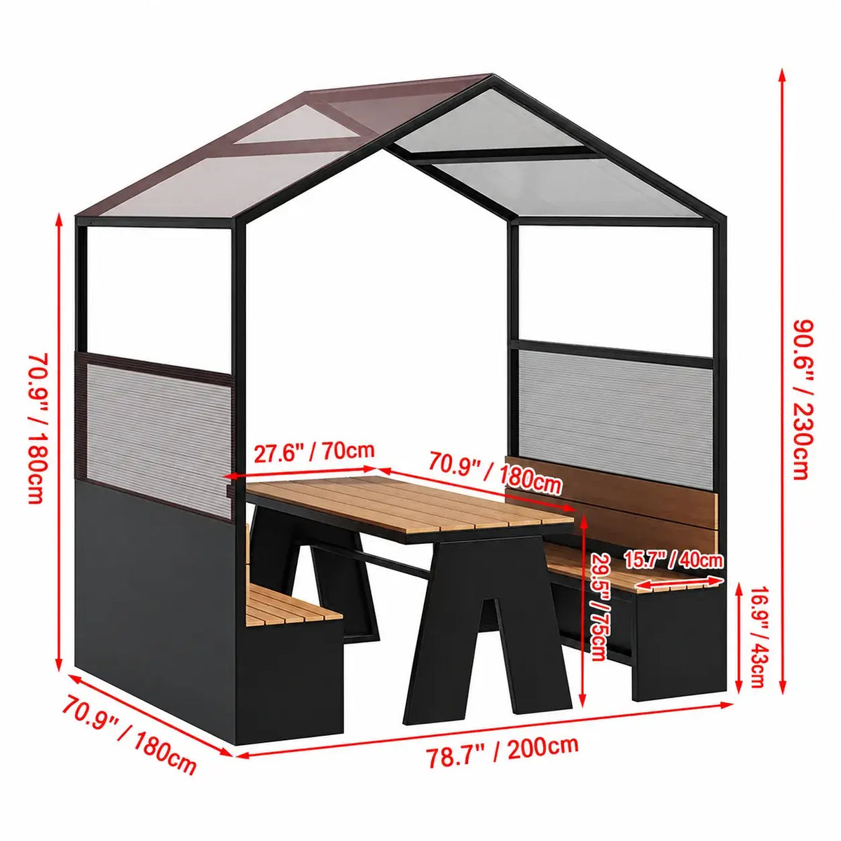 Canopy Pavilion Outdoor Dining Bench Set with Aluminum Frame and Privacy Panels
