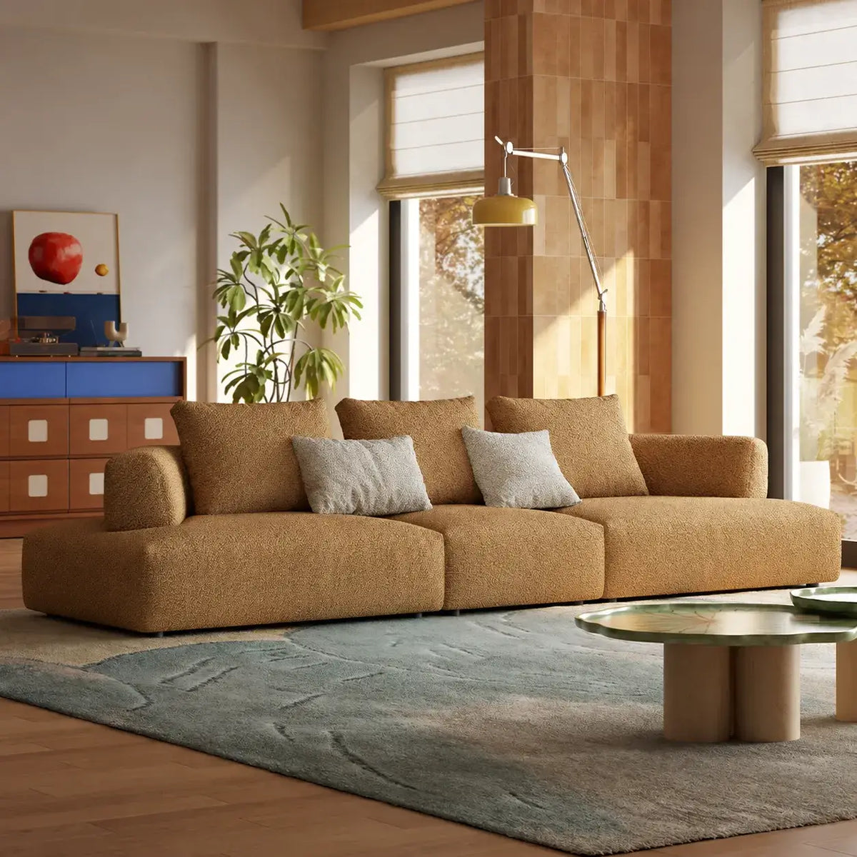 Caramel Textured Modular Sofa with Low Lounge Silhouette Main Product Image