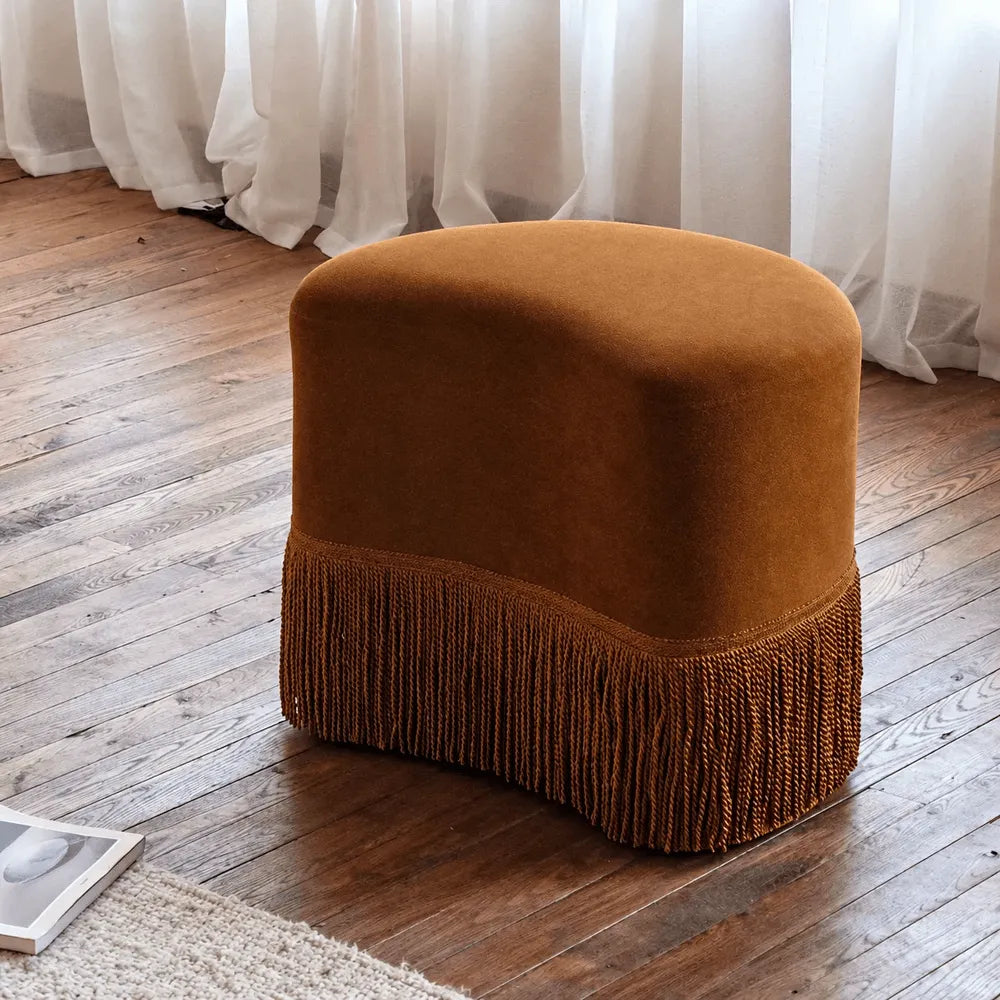 Caramel Velvet Tassel Accent Stool for Vanity, Bedroom and Entryway