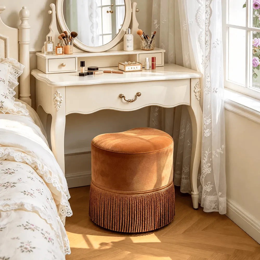 Caramel Velvet Tassel Accent Stool for Vanity, Bedroom and Entryway