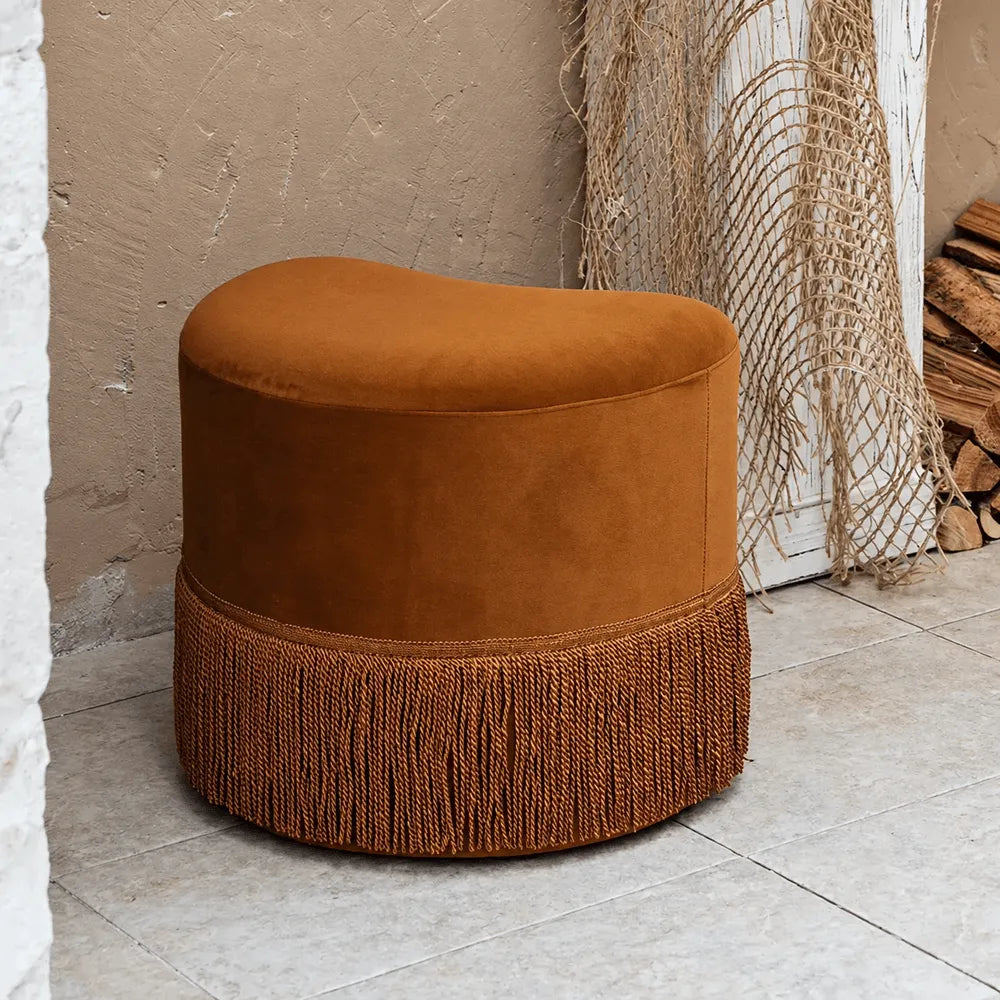 Caramel Velvet Tassel Accent Stool for Vanity, Bedroom and Entryway
