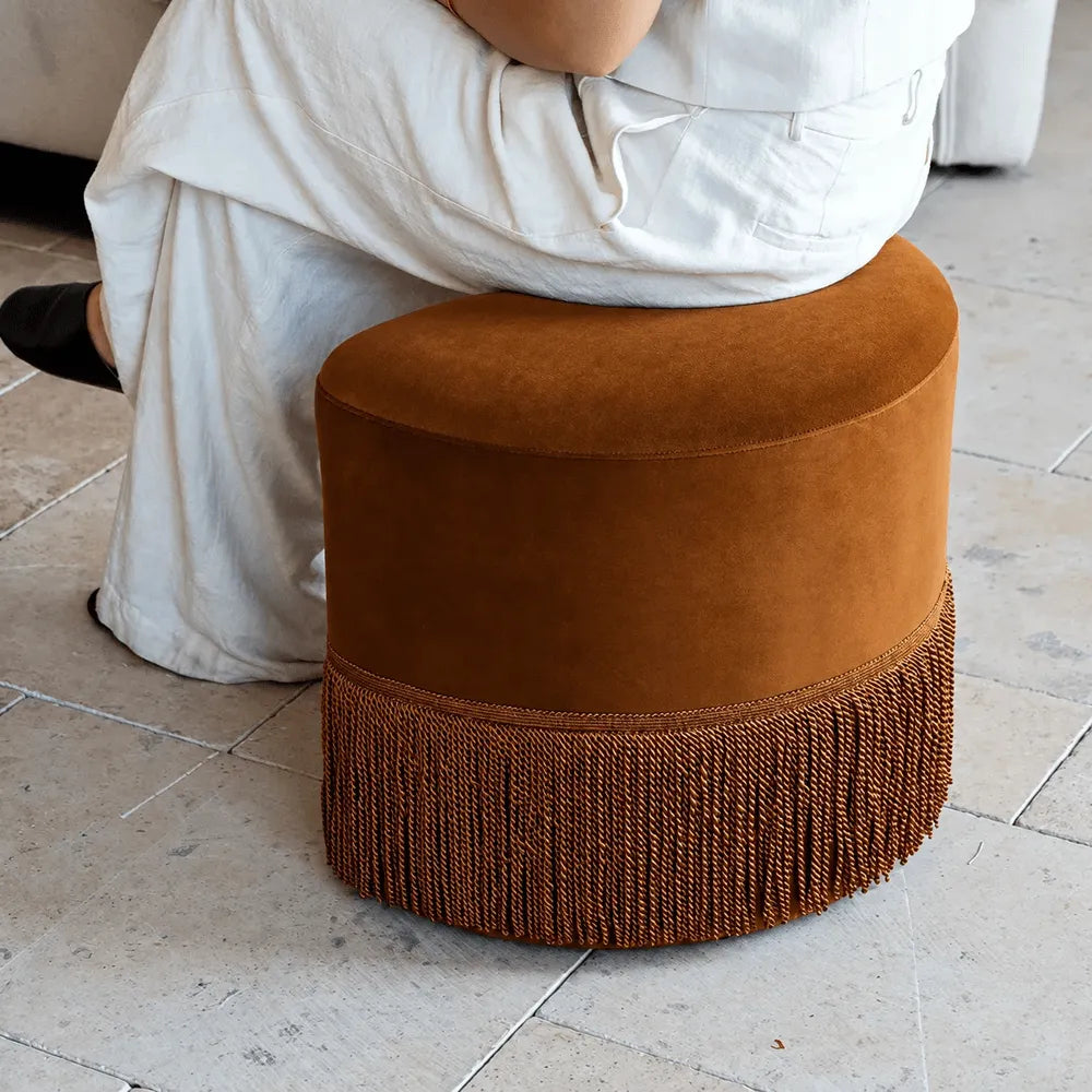 Caramel Velvet Tassel Accent Stool for Vanity, Bedroom and Entryway