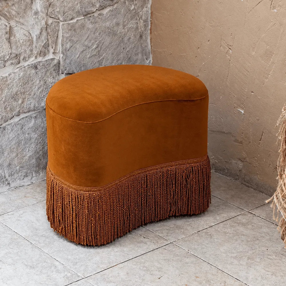 Caramel Velvet Tassel Accent Stool for Vanity, Bedroom and Entryway