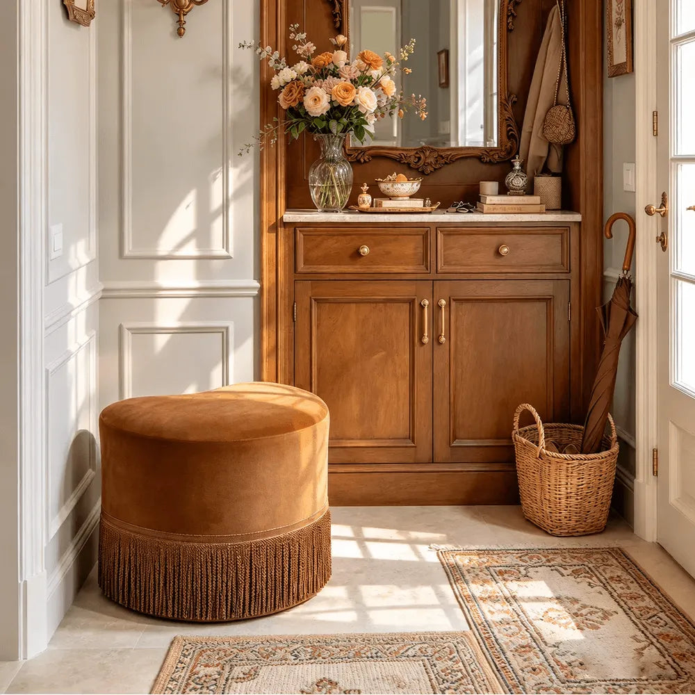 Caramel Velvet Tassel Accent Stool for Vanity, Bedroom and Entryway