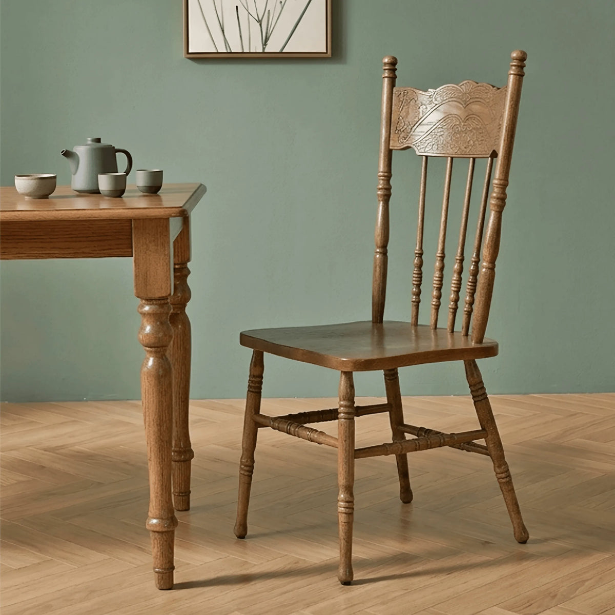 Carved High-Back Windsor Chair Series in Rustic Solid Wood for Dining and Study