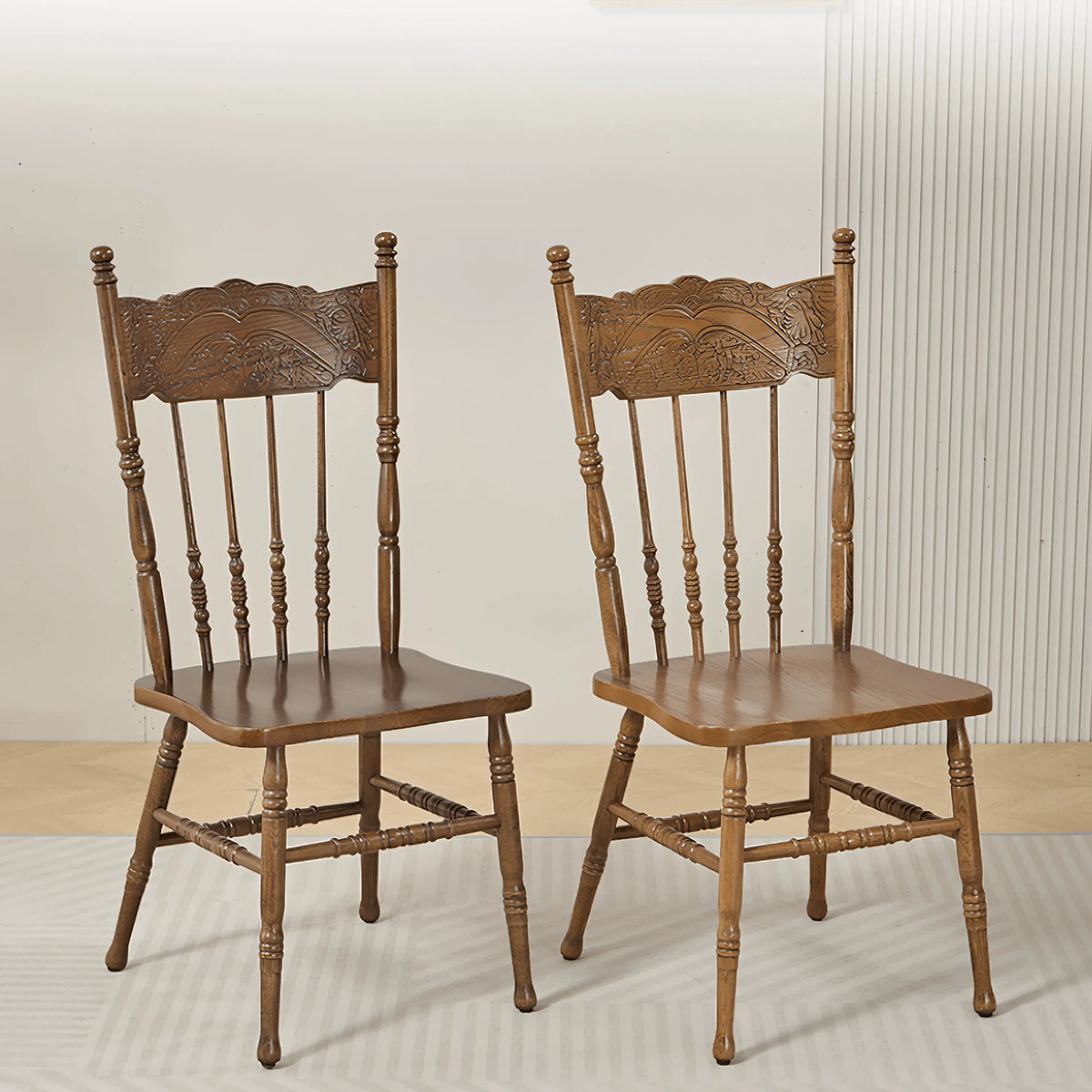 Carved High-Back Windsor Chair Series in Rustic Solid Wood for Dining and Study