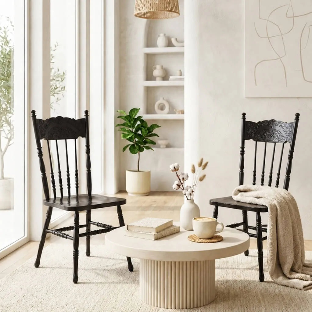 Carved High-Back Windsor Chair Series in Rustic Solid Wood for Dining and Study