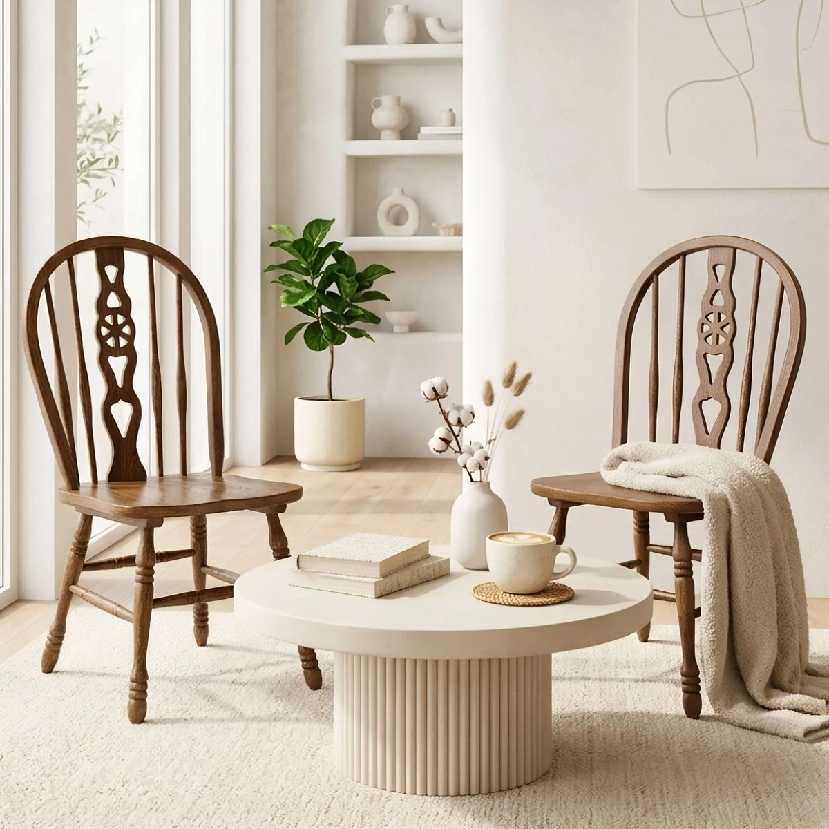 Carved Solid Wood Windsor Chair Series with Arched Back and Vintage Walnut Finish