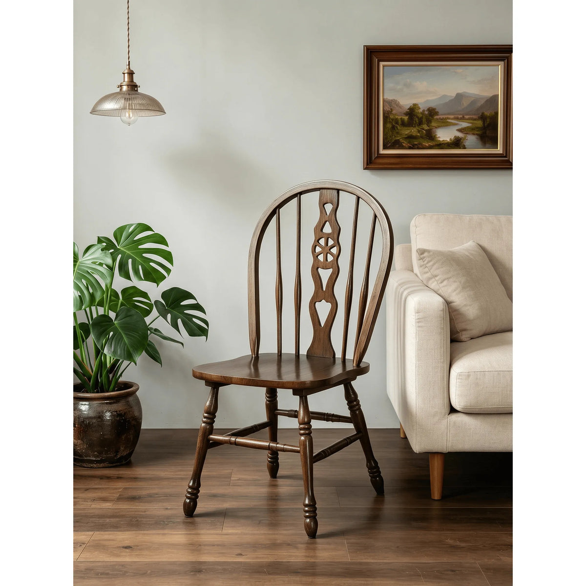 Carved Solid Wood Windsor Chair Series with Arched Back and Vintage Walnut Finish