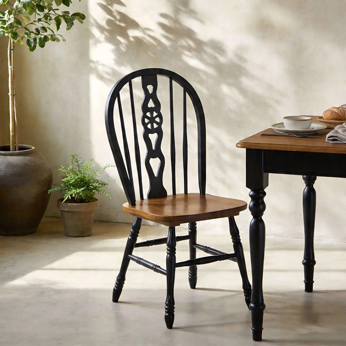 Carved Solid Wood Windsor Chair Series with Arched Back and Vintage Walnut Finish