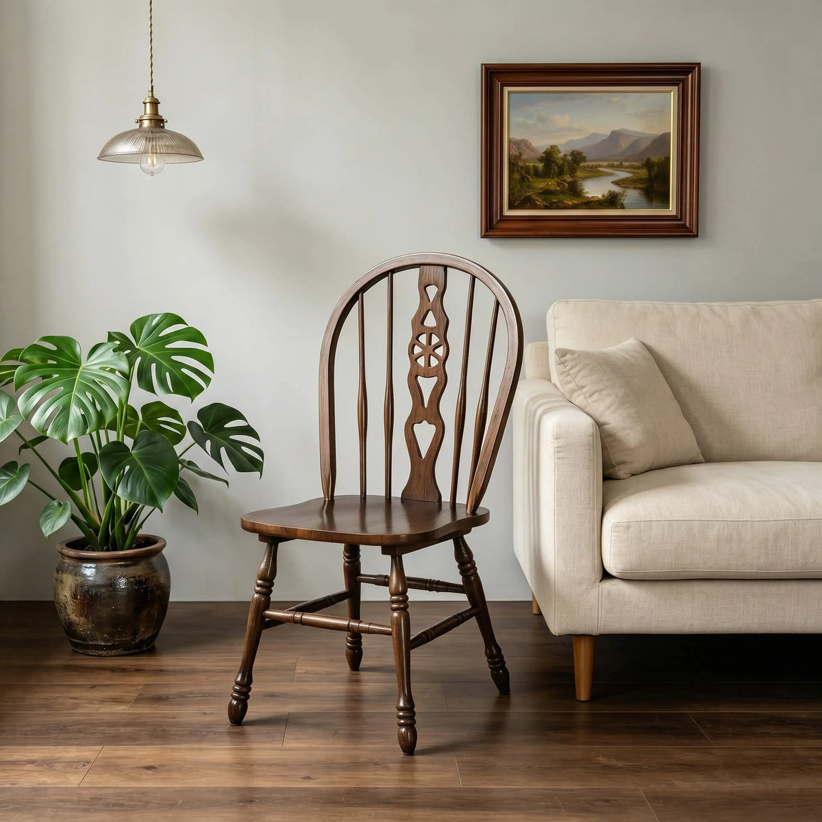Carved Solid Wood Windsor Chair Series with Arched Back and Vintage Walnut Finish